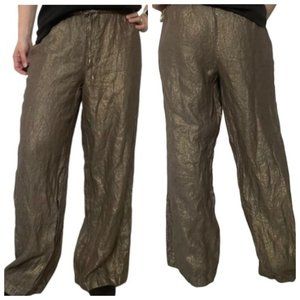 NWOT Sutton Studio Linen Gold/ Bronze Metallic Elastic Waist Pants Size Large